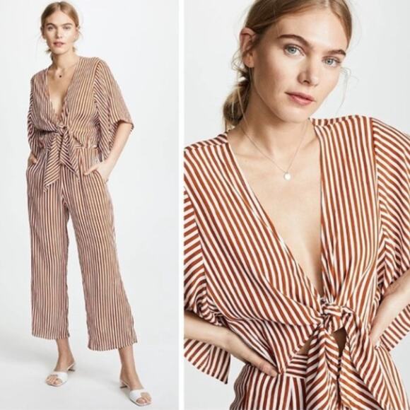 Faithfull the Brand Tilos Striped Tie Front Jumpsuit Cinnamon Orange White 2 XS - Picture 1 of 9